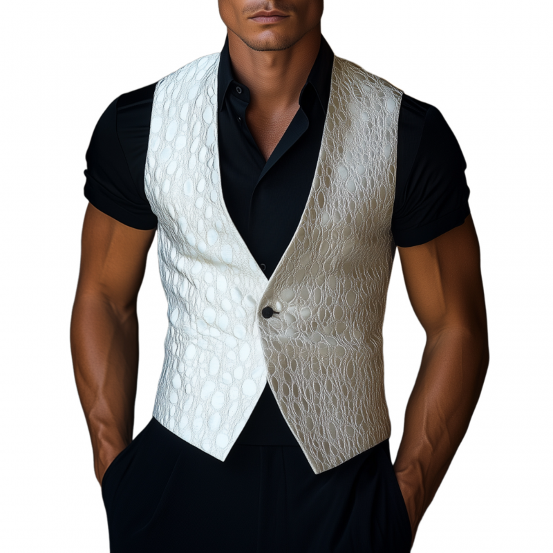 Men's Vintage Textured Faux Leather V-Neck Single-Breasted Slim Fit Suit Vest MTA2413G2M
