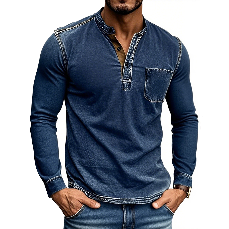 Men's Distressed Washed Soft Denim Henley Collar Long-sleeved T-shirt MTA0199G7Y