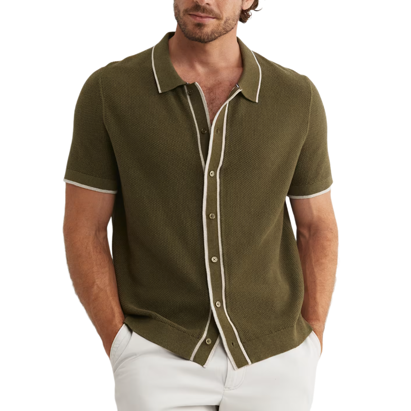Men's Casual Contrast Knit Lapel Single Breasted Slim Fit Short Sleeve Shirt Sweater MTA0658E7M