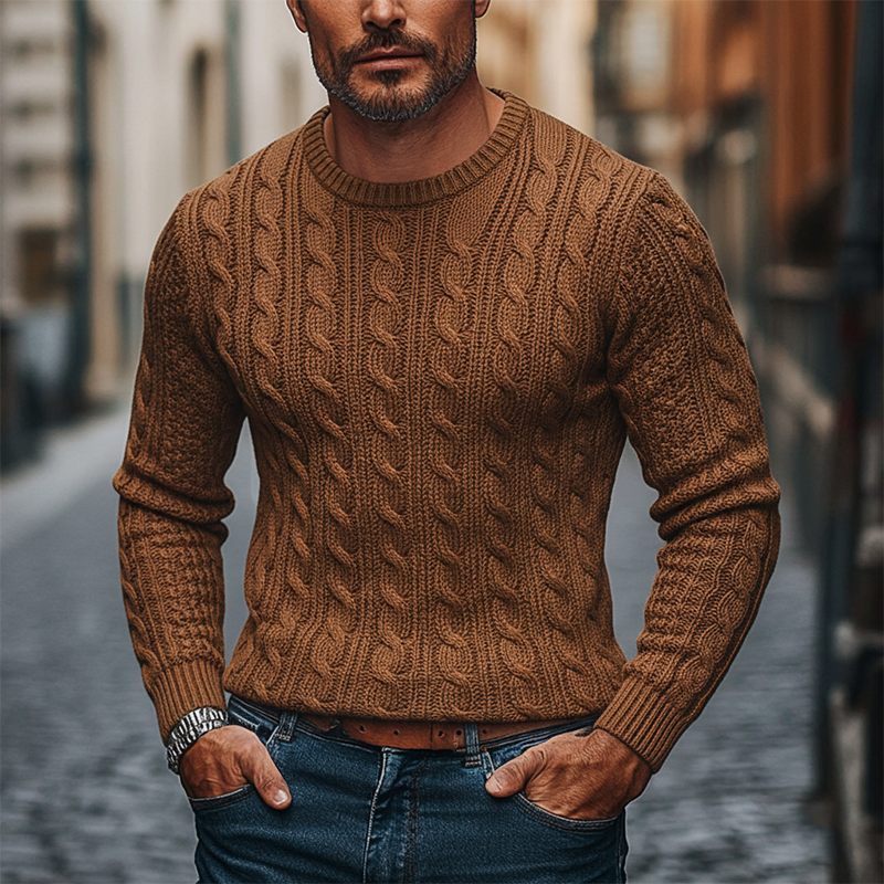 Men's Solid Color Crew Neck Knit Cable Knit Textured Pullover Sweater MTA0137K2X