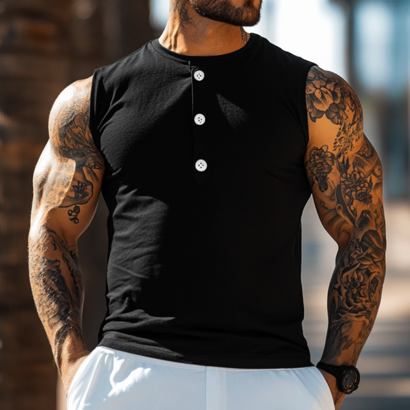 Men's Casual Breathable Cotton Henley Collar Slim Fit Sports Tank Top MTA2620E6M