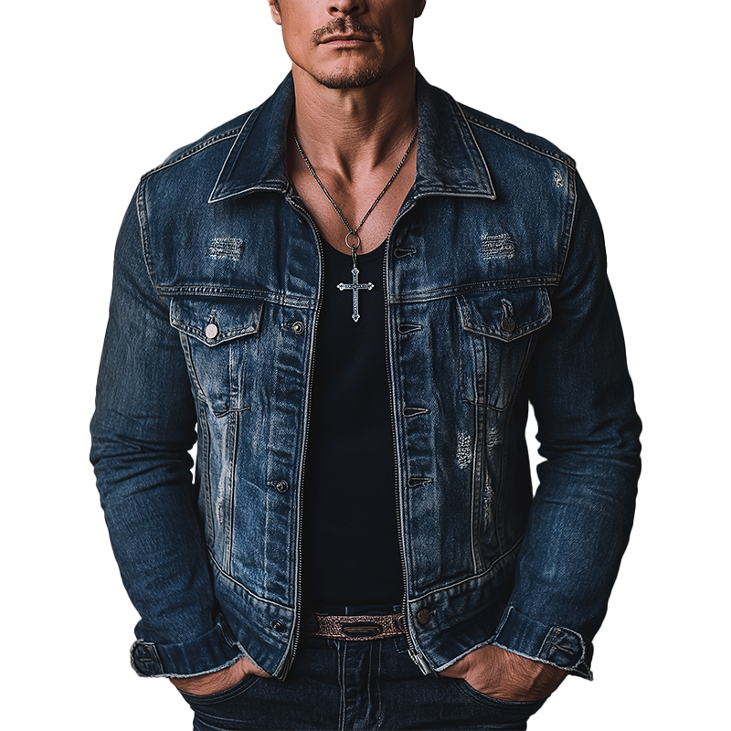 Men's Vintage Washed Distressed Denim Jacket MTA2184G1P