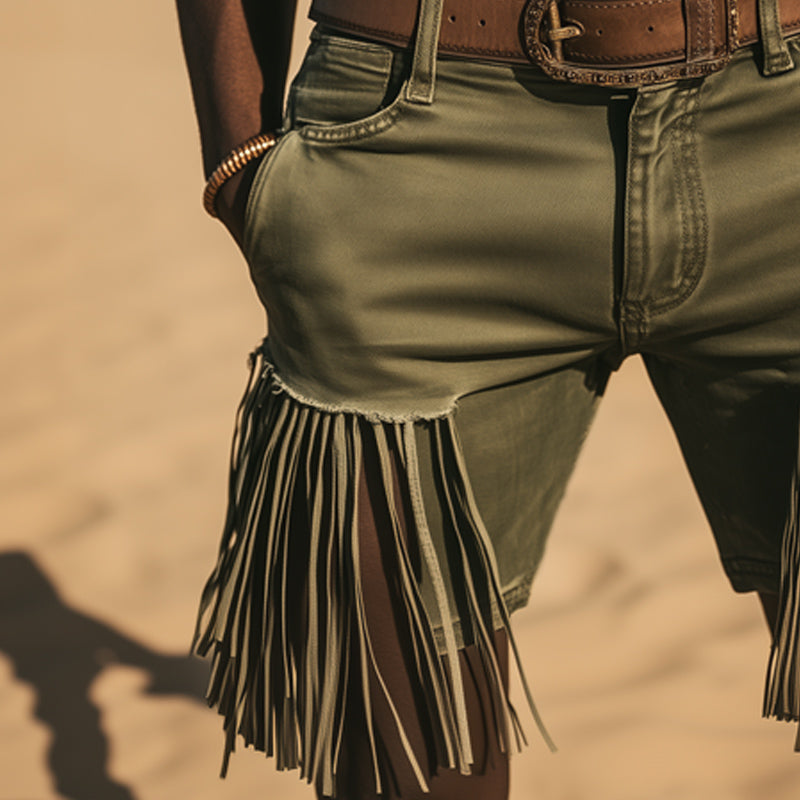 Men's Western Cowboy Style Denim Fringe Shorts MTA1216E4U