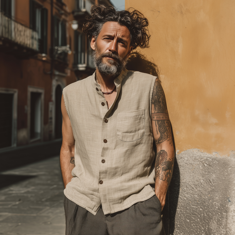 Men's Casual Breathable Linen Stand Collar Patch Pocket Loose Sleeveless Shirt MTA0379G1M