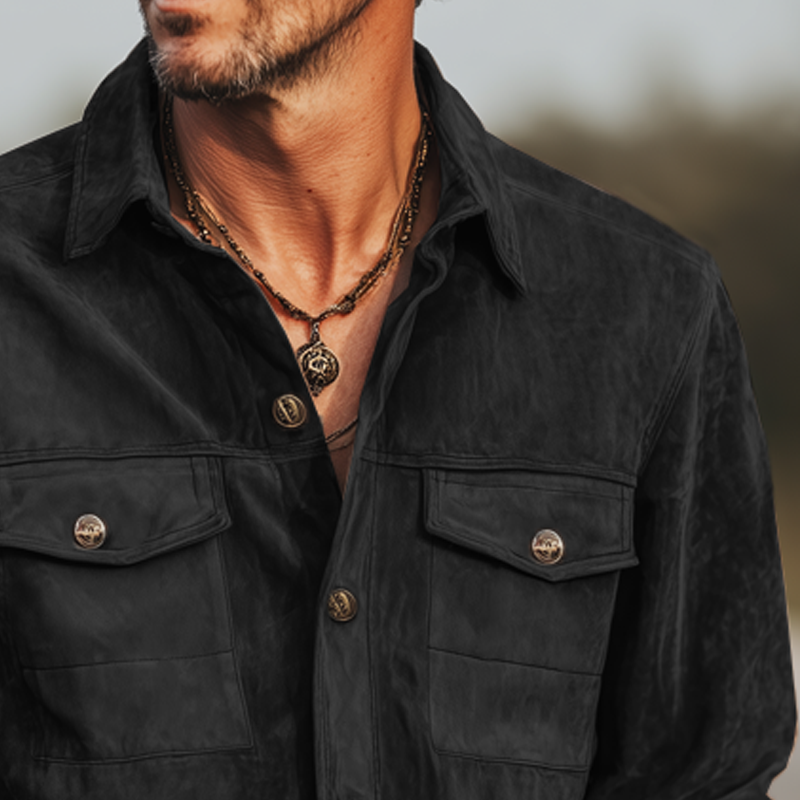 Men's Spring And Autumn Retro Black Suede Long Sleeve Shirt MTA1339H3U