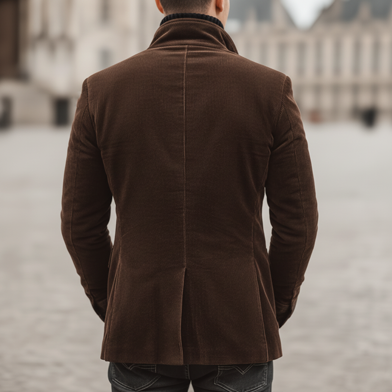 Men's Classic Corduroy And PU Leather Stand Collar Multi-Button Jacket MTA1965K1U