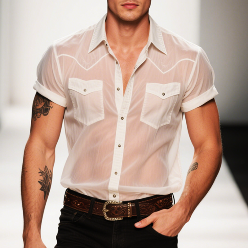 Men's Retro Casual Solid Color Cool Gauze Lapel Short Sleeve Shirt MTA2248E1TO