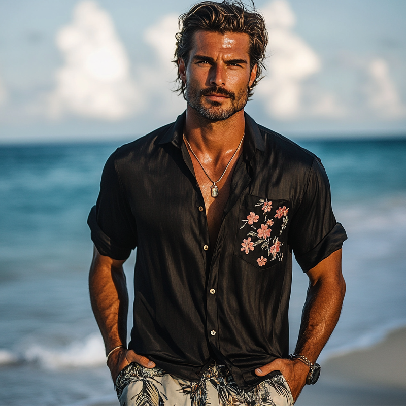Men's Vacation Pocket Print Lapel Short Sleeve Shirt MTA1319F1X