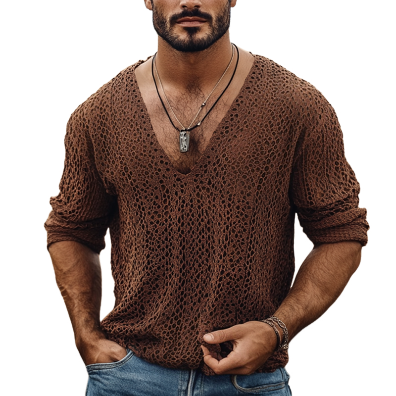 Men's Fashion Knit Hollow Out V Neck Long Sleeve Casual Sweater T-shirt  MTA2162E8Z
