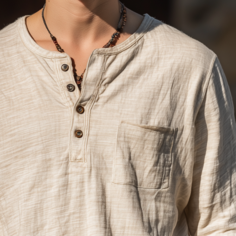 Men's Vintage Casual Distressed Henley Collar Long Sleeve T-Shirt MTA0140H5TO