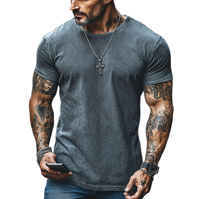 Men's Retro Casual Distressed Washed Cotton Round Neck Short Sleeve T-Shirt 73028430TO