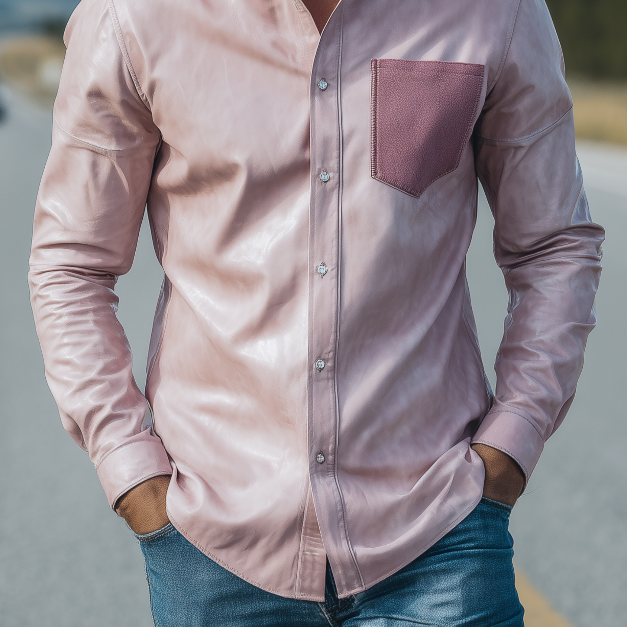 Men's Classic Casual Pocket Suede Slim Fit Pink Pu Leather Long Sleeve Shirt MTA1546H7K
