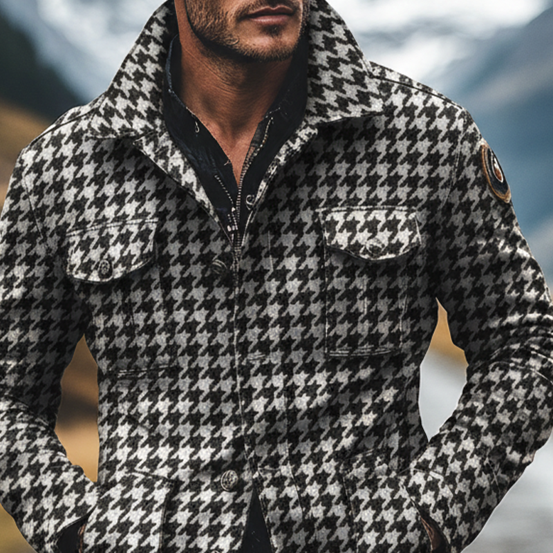Men's Houndstooth Jacquard Lapel Multi-Pocket Jacket MTA2417I0X