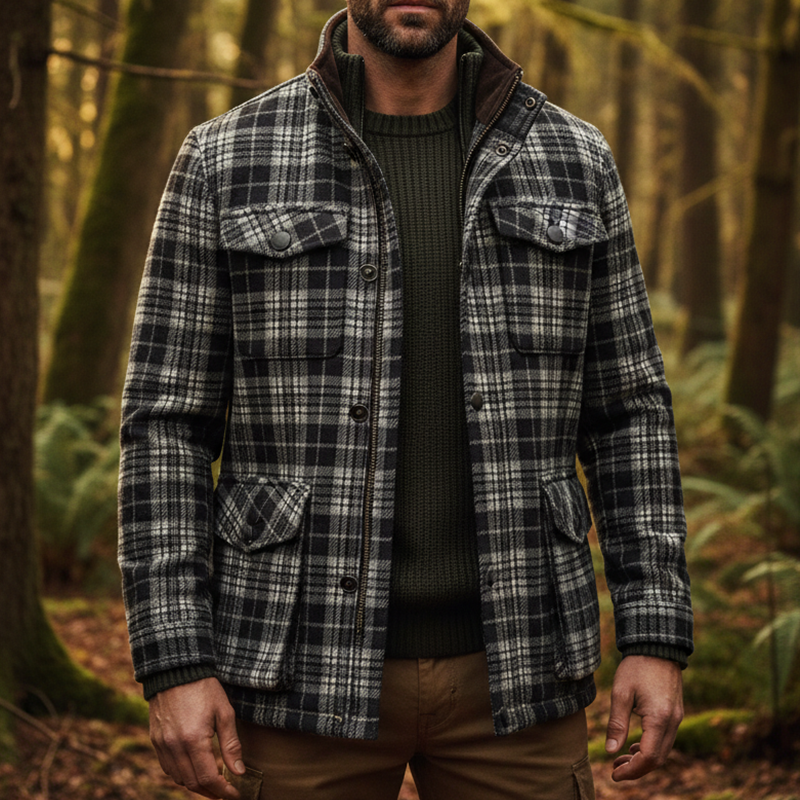 Men's Retro Casual Plaid Zipper Lapel Hunting Jacket MTA2964I7TO