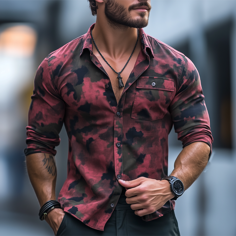 Men's Spring And Autumn Black And Red Camouflage Long-sleeved Shirt MTA0110H8U