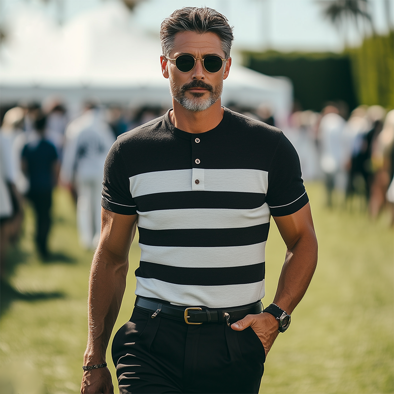 Men's Spring And Summer Fashion Casual Henley Collar Slim Fit Horizontal Striped Knitted Short Sleeve T-shirt MTA1904E0K