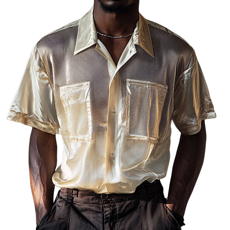 Men's Mesh Stitching Satin Solid Color Lapel Short-Sleeved Shirt MTA2780E0X