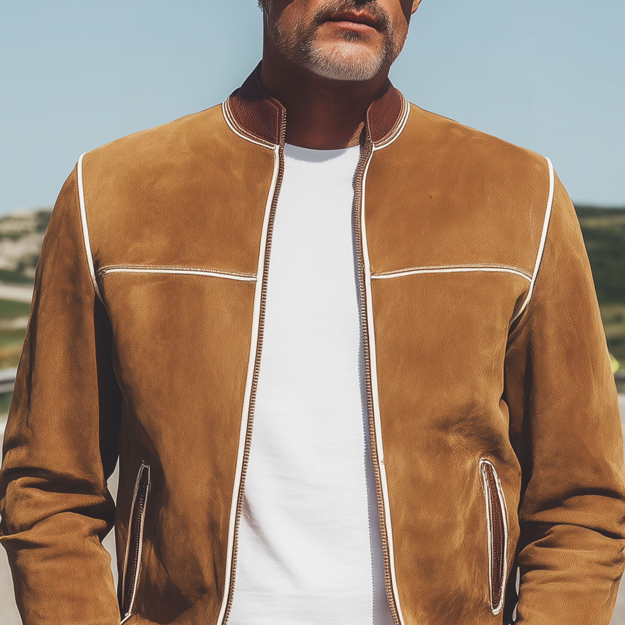 Men's Classic Casual Western Style Stand-up Collar And Cuffs PU Leather Zipper Suede Jacket MTA1566H1K