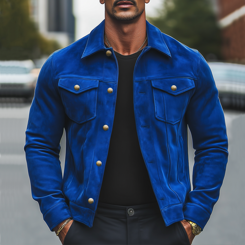 Men's Vintage Klein Blue Suede Button-Down Jacket MTA1902H2U