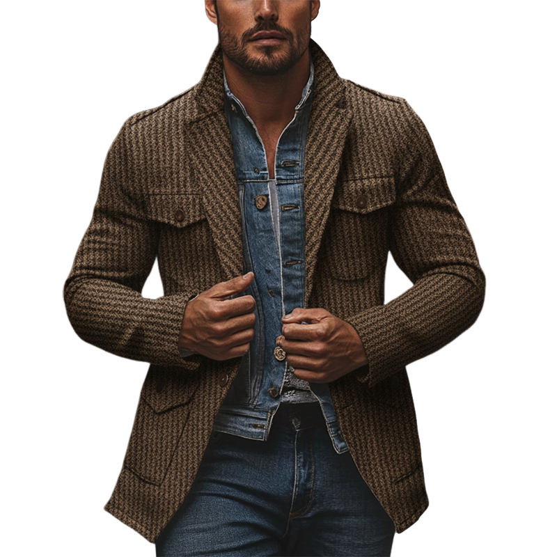 Men's Blended Striped Lapel Multi-pocket Jacket MTA2963I4X