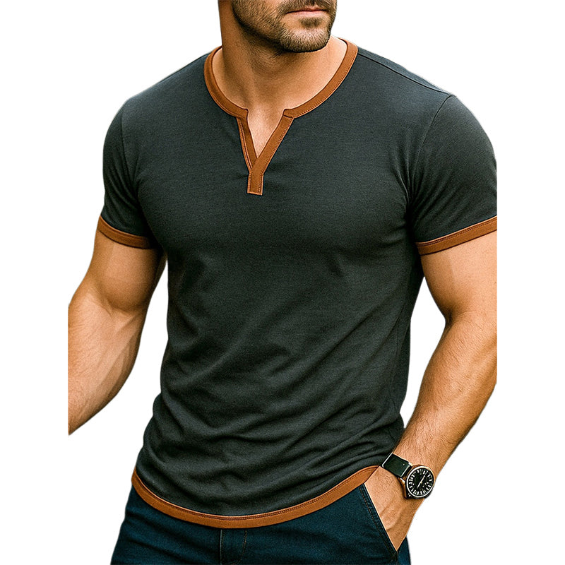 Men's Casual Contrast Color Henley Neck Short Sleeve T-Shirt MTA1945E4X