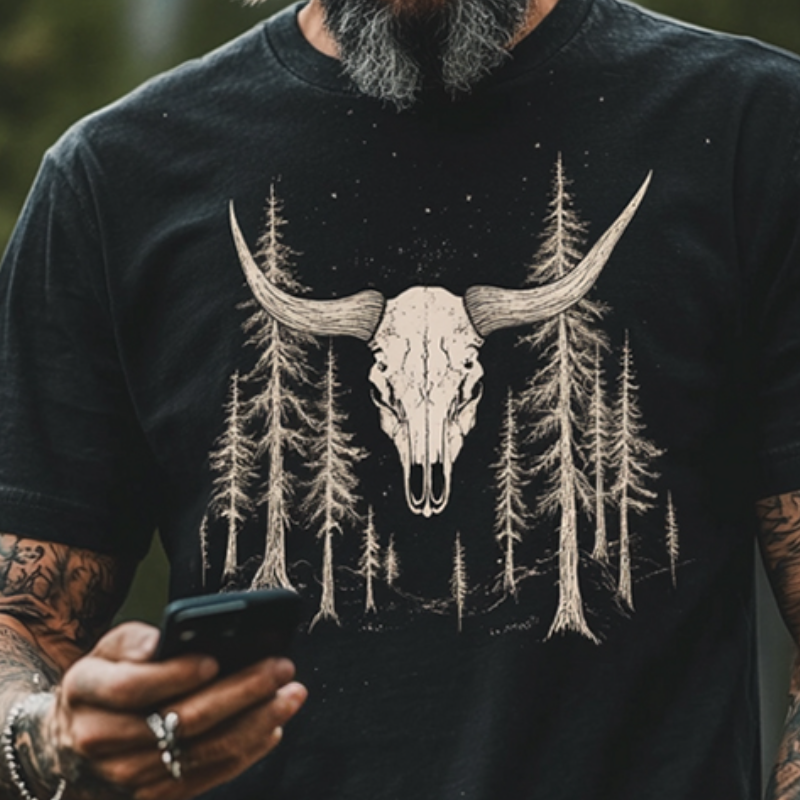 Men's Vintage Casual Forest Print Washing Crew Neck Short Sleeve T-Shirt MTA2754E7TO