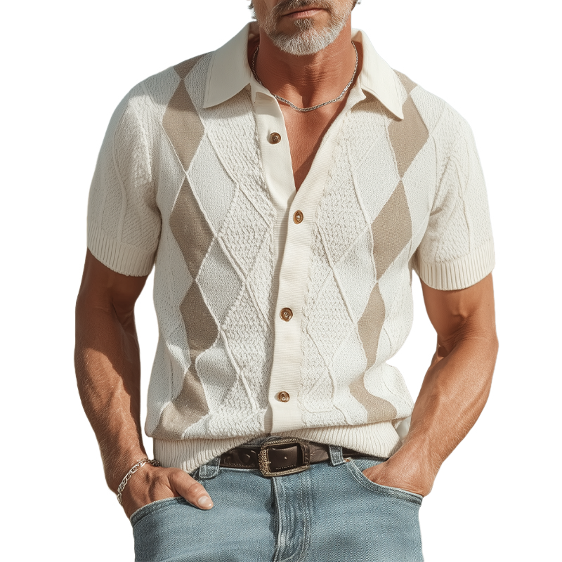 Men's Spring And Summer Fashion Retro Slim Fit Knitted Collar Plaid Short-sleeved Shirt MTA2095F5K