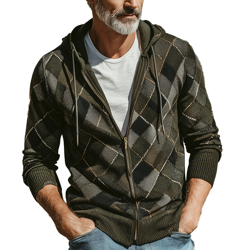 Men's Autumn Fashion Diamond Pattern Knitted Hooded Cardigan Sweater MTA1347I7P