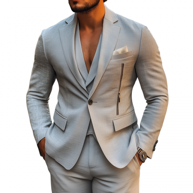 Men's Casual Solid Color Breathable Linen Notch Lapel Single-breasted Zipper Decorated Slim Fit Blazer MTA2836G5M