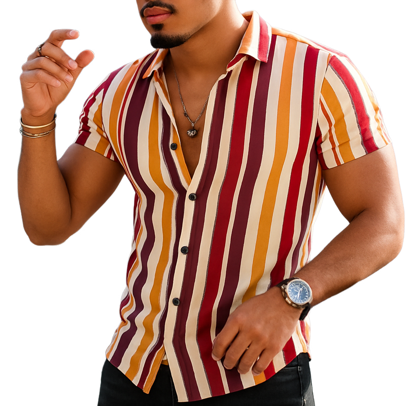 Men's Summer Classic Color Vertical Striped Short Sleeve Shirt MTA0545F3U