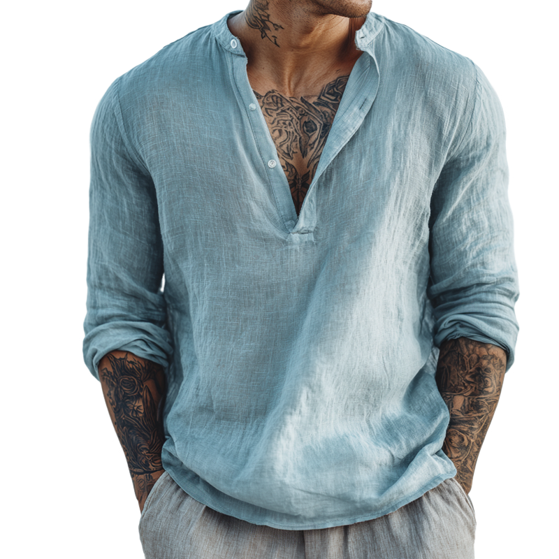 Men's Solid Cotton And Linen Henley Collar Long Sleeve Shirt MTA1225H0Z