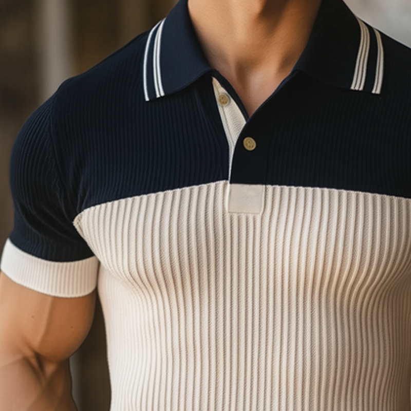 Men's Summer Business Contrast Color Knitted Polo Neck T-Shirt MTA0638F2U