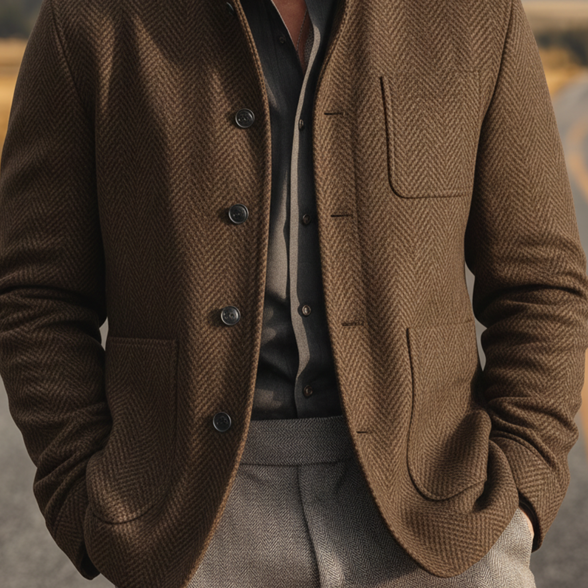 Men's Classic Casual Stand-up Collar Multi-pocket Herringbone Faux Wool Jacket MTA2241I5K