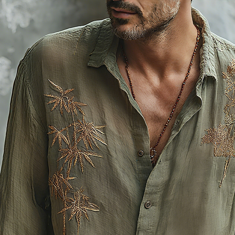 Men's Bamboo Embroidered Lapel Long Sleeve Cotton And Linen Shirt MTA3157G1Z
