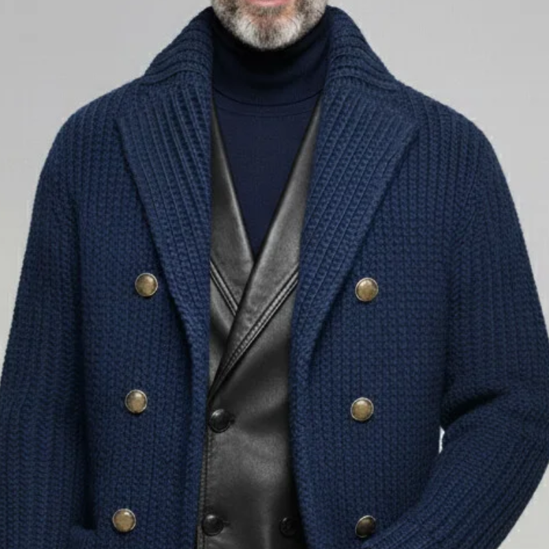 Men's Classic Casual Lapel Double-breasted Long-leg To Thigh Knit Cardigan MTA1943I2K