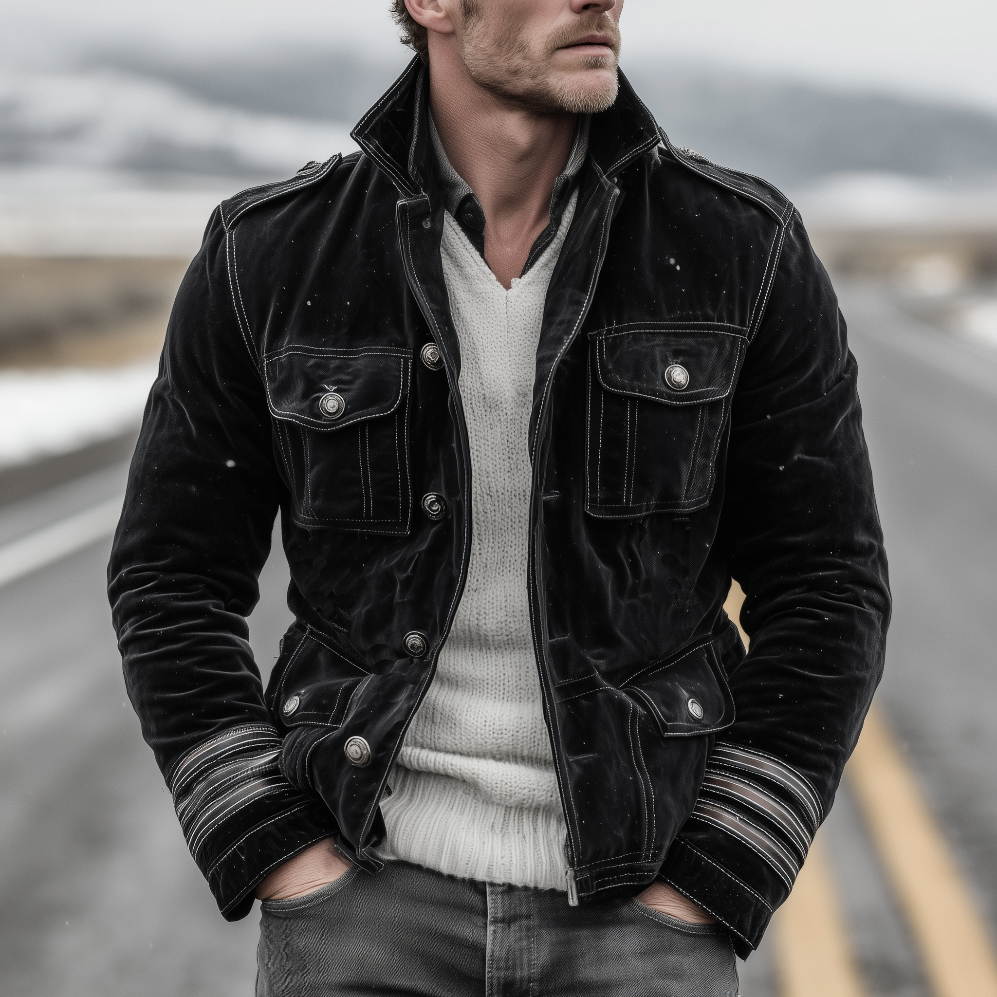 Men's Classic Retro Western Style Stand-up Collar Multi-pocket Faux Velvet Jacket MTA1400K4K