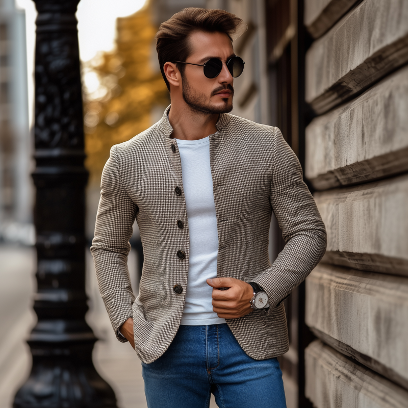 Men's Vintage Houndstooth Stand Collar Single-breasted Slim-fit Blazer MTA0407H9M
