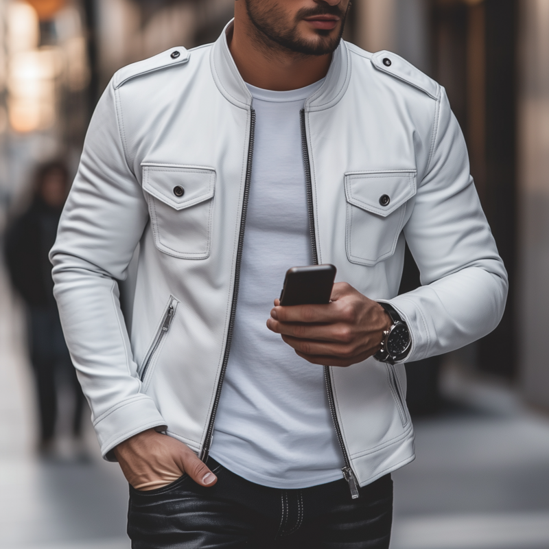 Men's Casual Solid Color Faux Leather Stand Collar Zipper Multi-Pocket Slim Fit Motorcycle Jacket MTA2521G5M