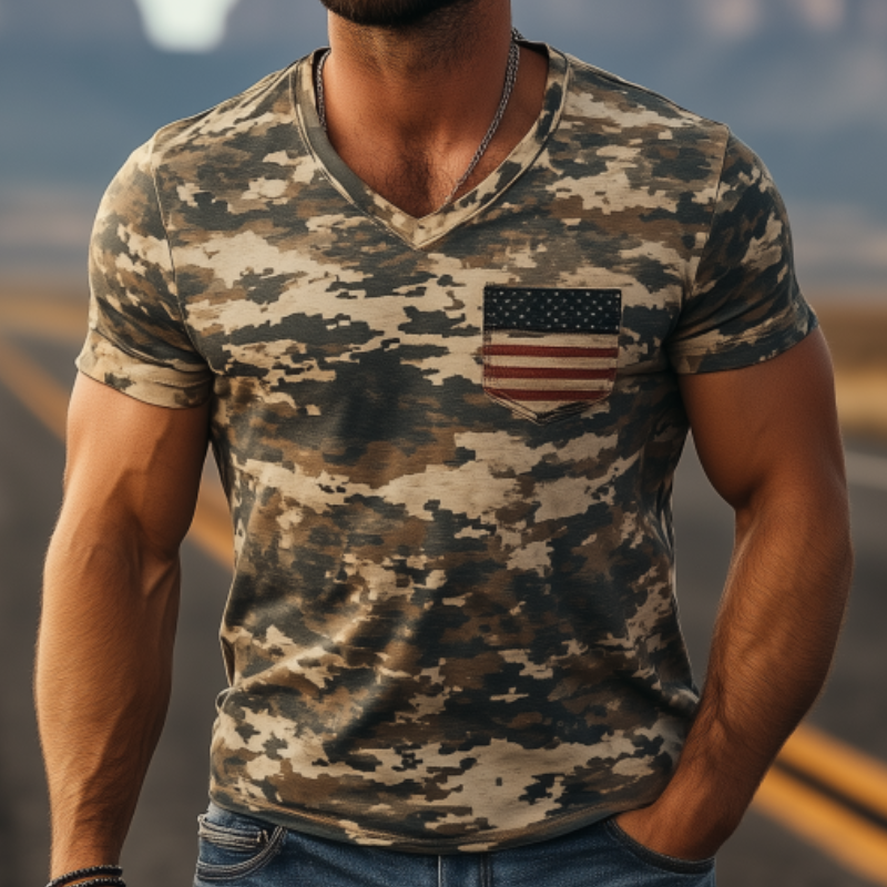 Men's Classic American Retro Camouflage V Neck Cotton T-Shirt 32300257K