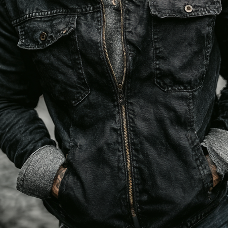 Men's Vintage Washed Lapel Zip-up Denim Jacket MTA1660I2X