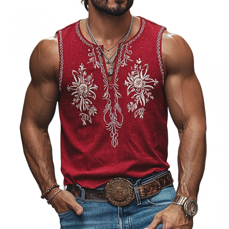 Men's Casual Breathable Cotton V-Neck Flower Embroidery Slim Fit Western Tank Top MTA2197E6M