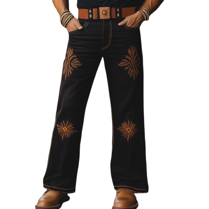 Men's Western Cowboy Style Vintage Embroidered Straight Pants MTA1336F8U