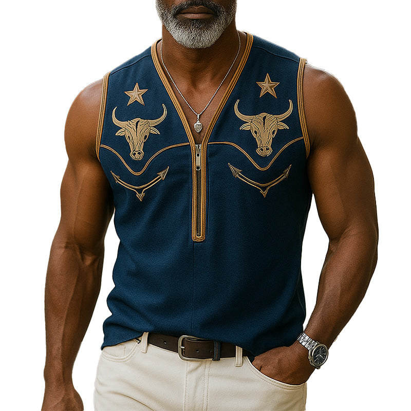 Men's Summer Western Cowboy Style Embroidered Cotton And Linen Tank Top MTA2908E0P