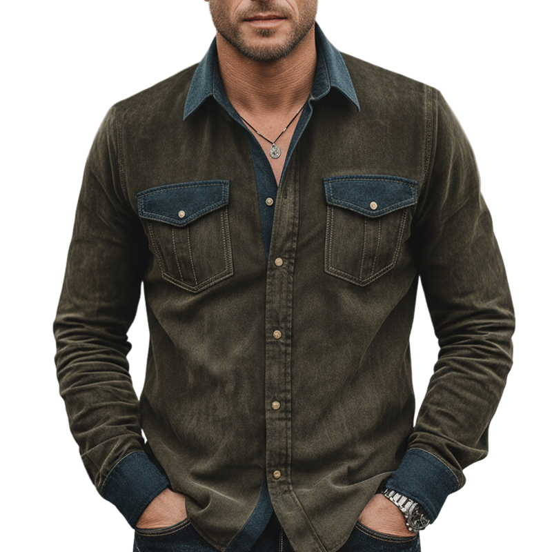 Men's Vintage-style Faux Suede And Dark Blue Denim Patchwork Long-sleeved Shirt MTZ1554A2U