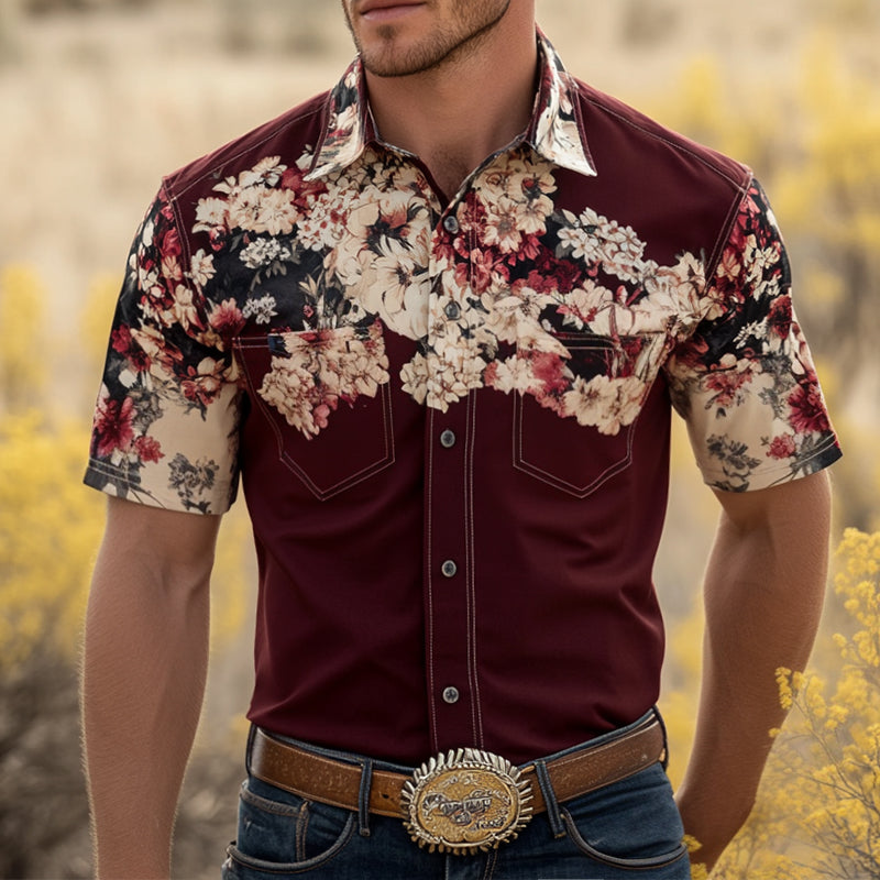 Men's Retro Western Cowboy Style Floral Print Lapel Short Sleeve Shirt MTA0664E4TO