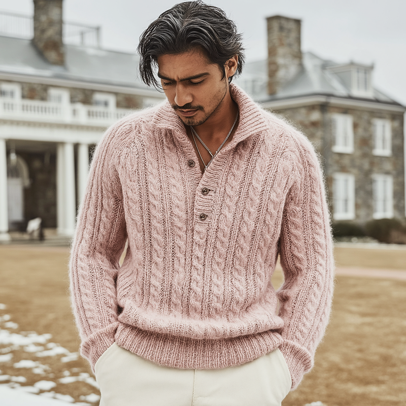 Men's Urban Cable Jacquard Three-Button Polo Collar Knit Sweater MTA2870K6U