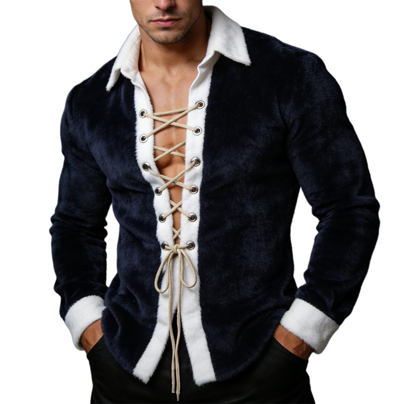 Men's Vintage Casual Plush Color-blocked Lapel Long-sleeved Shirt MTA0572L8TO