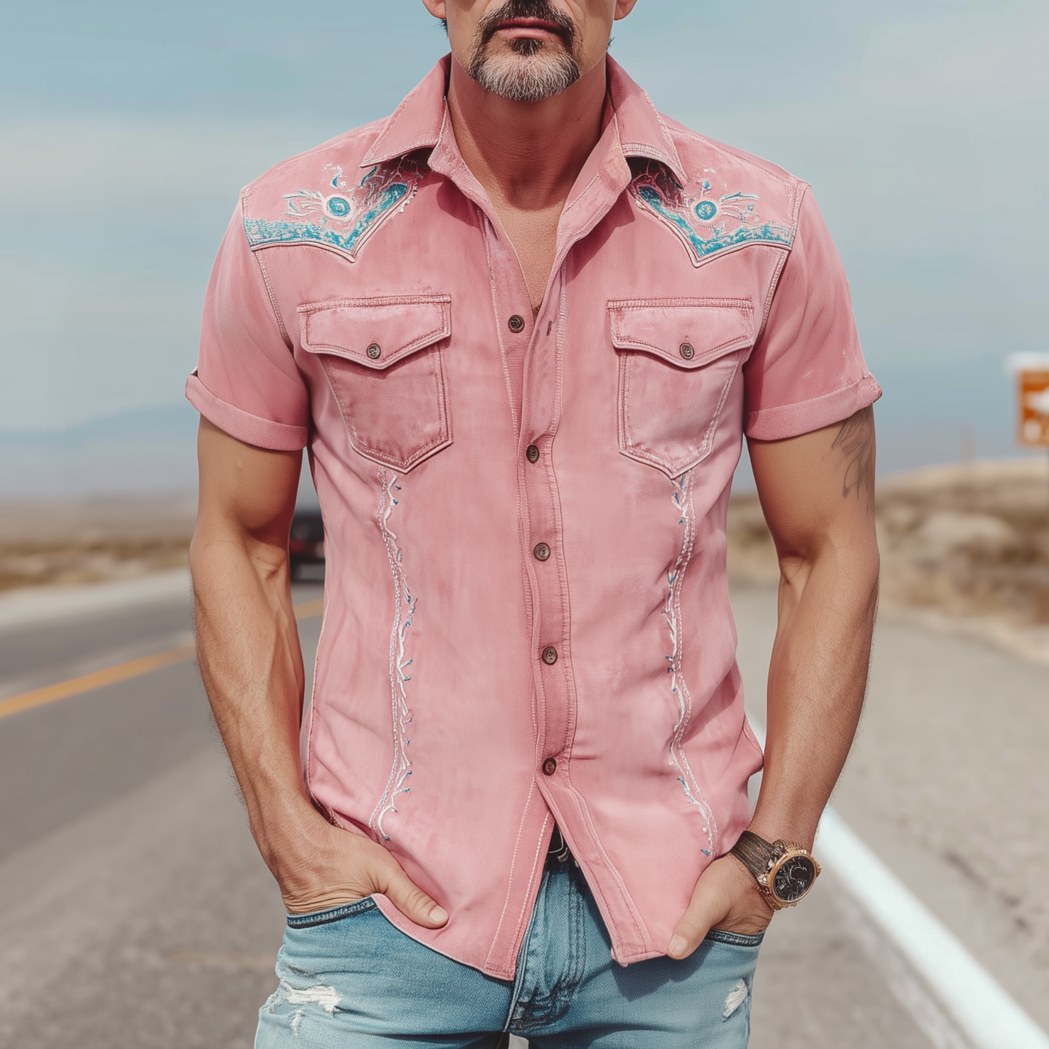 Men's Spring And Summer Fashion Casual Thin Suede Embroidered Slim Short Sleeve Shirt MTA1738G7K