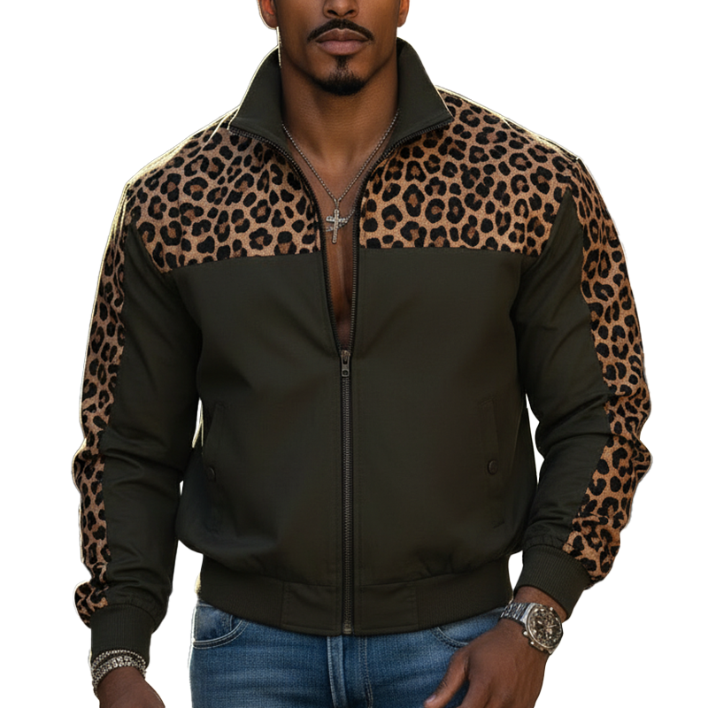Men's Vintage Leopard Print Color-block Cotton Blend Zip-up Jacket MTA2948L1P