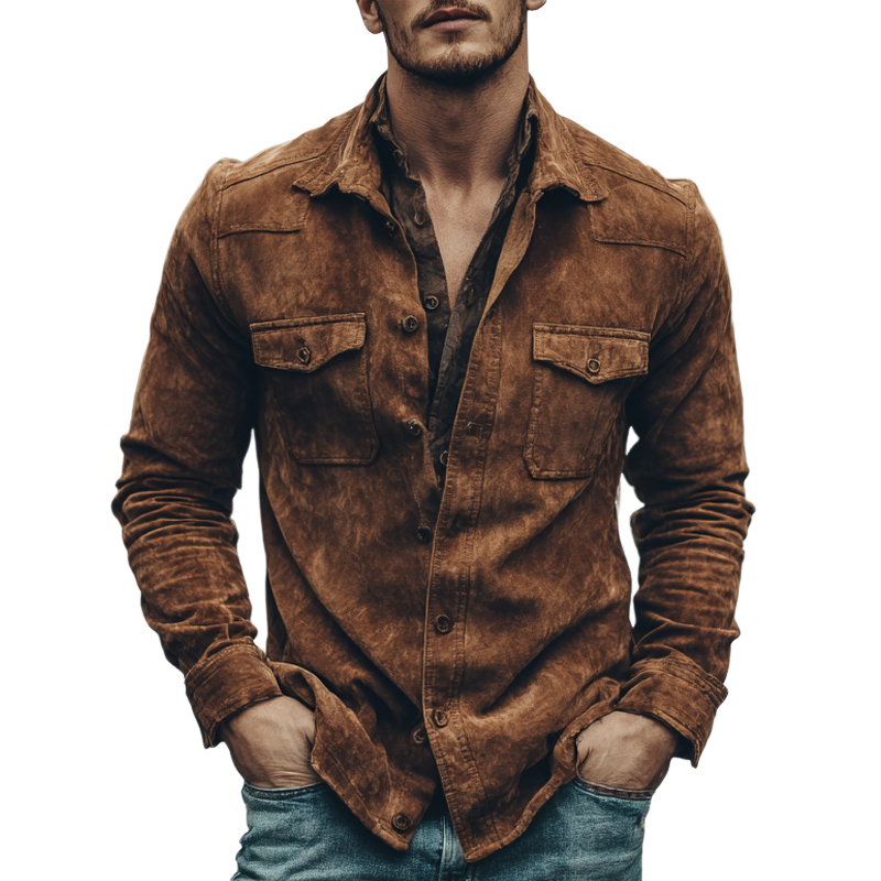 Men's Vintage Faux Suede Multi-Pocket Long Sleeve Shirt MTA0724H3X